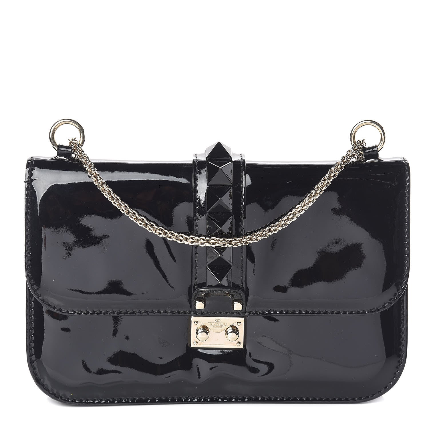 Valentino Garavani Patent Monochrome Medium Glam Lock Rockstud Flap Black 1 of 9