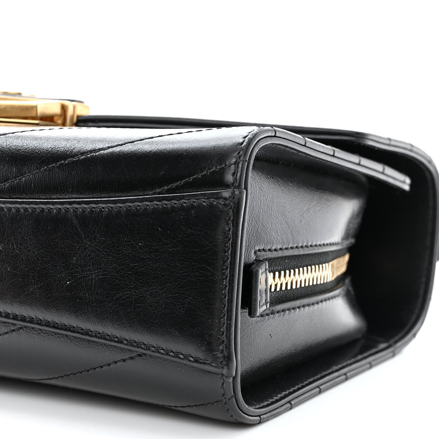 Calfskin Chevron Quilted Medal Flap Black