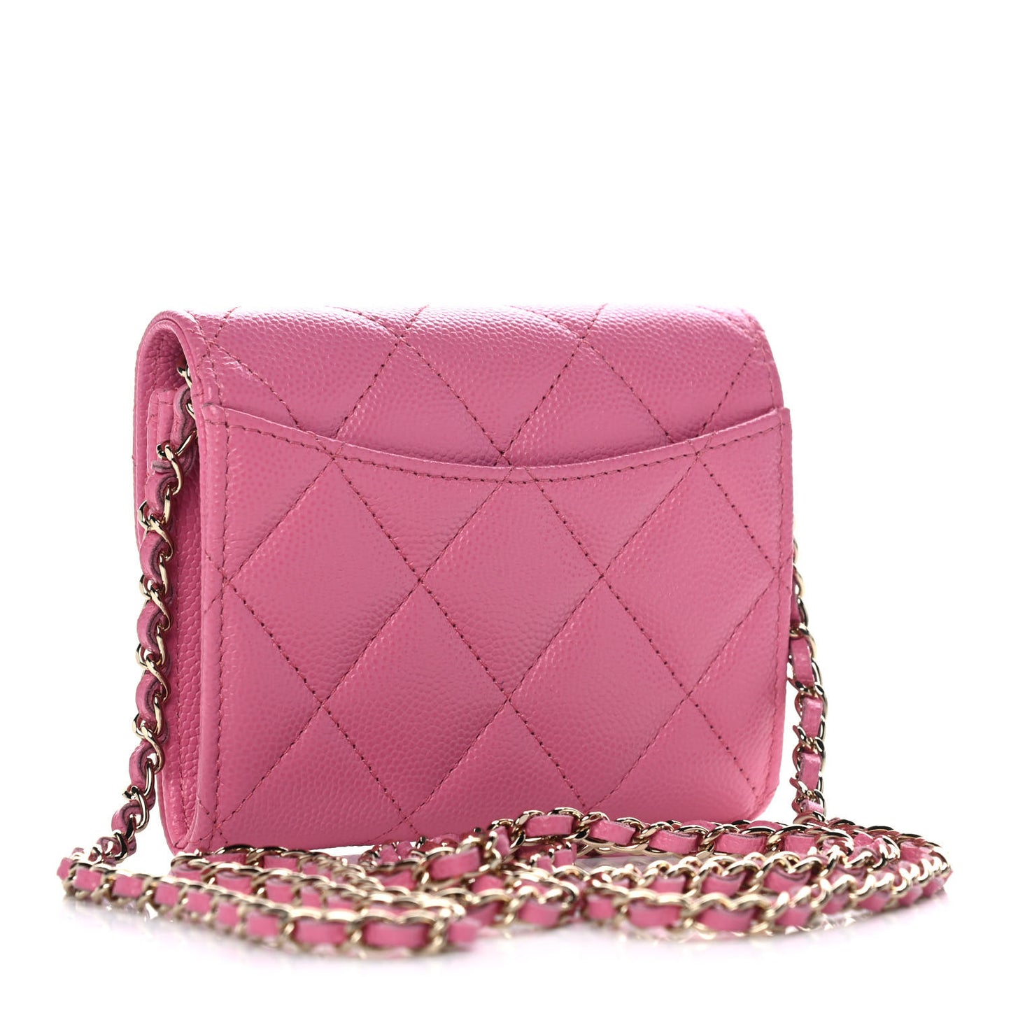 Caviar Quilted Flap Card Holder On Chain Pink