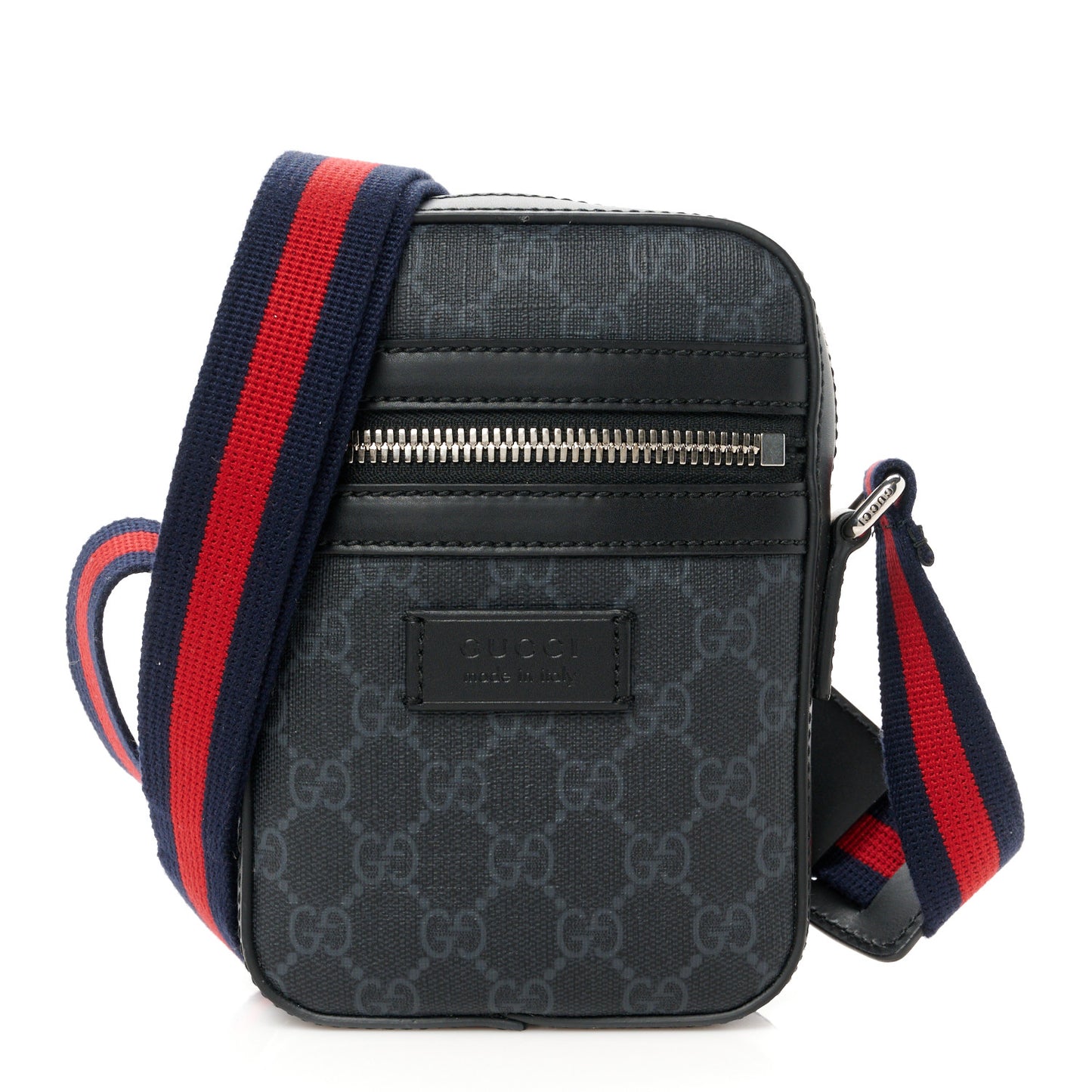 GG Supreme Monogram Appia Calfskin Web Small Camera Messenger Bag Black Grey