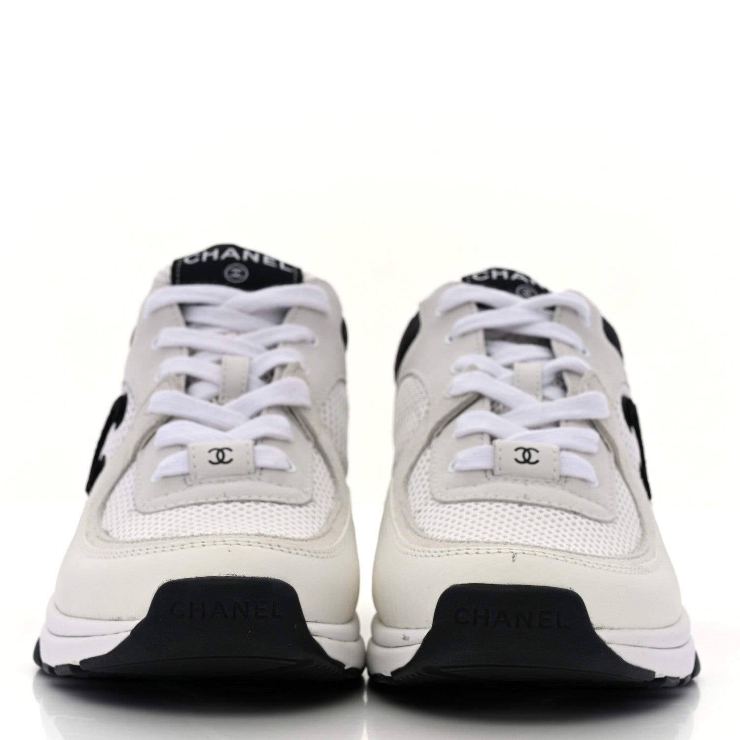 Chanel Mesh Suede Calfskin Grained Calfskin Womens CC Sneakers 38.5 White Black 2 of 9