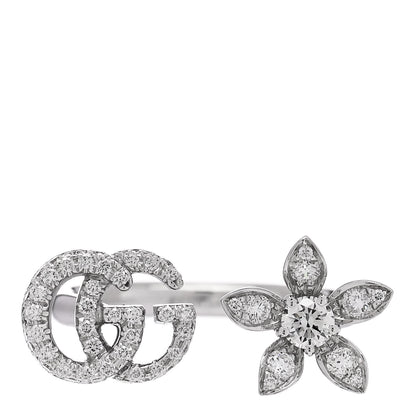 Gucci 18K White Gold Diamond Flora GG Open Ring 53 6.5 1 of 5