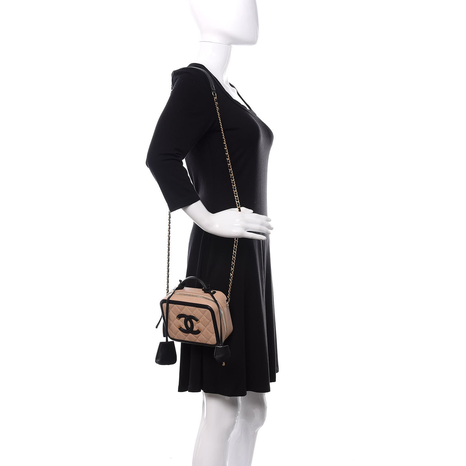 Chanel Caviar Quilted Small CC Filigree Vanity Case Beige Black 2 of 14