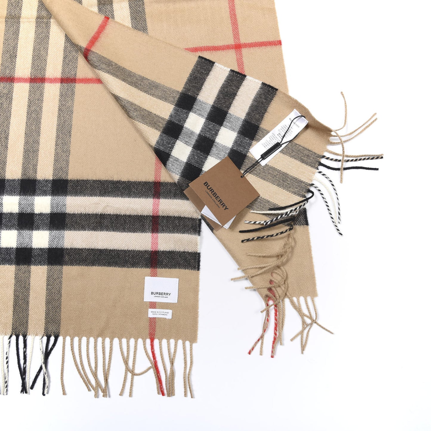 Cashmere Giant Check Fringe Scarf Archive Beige