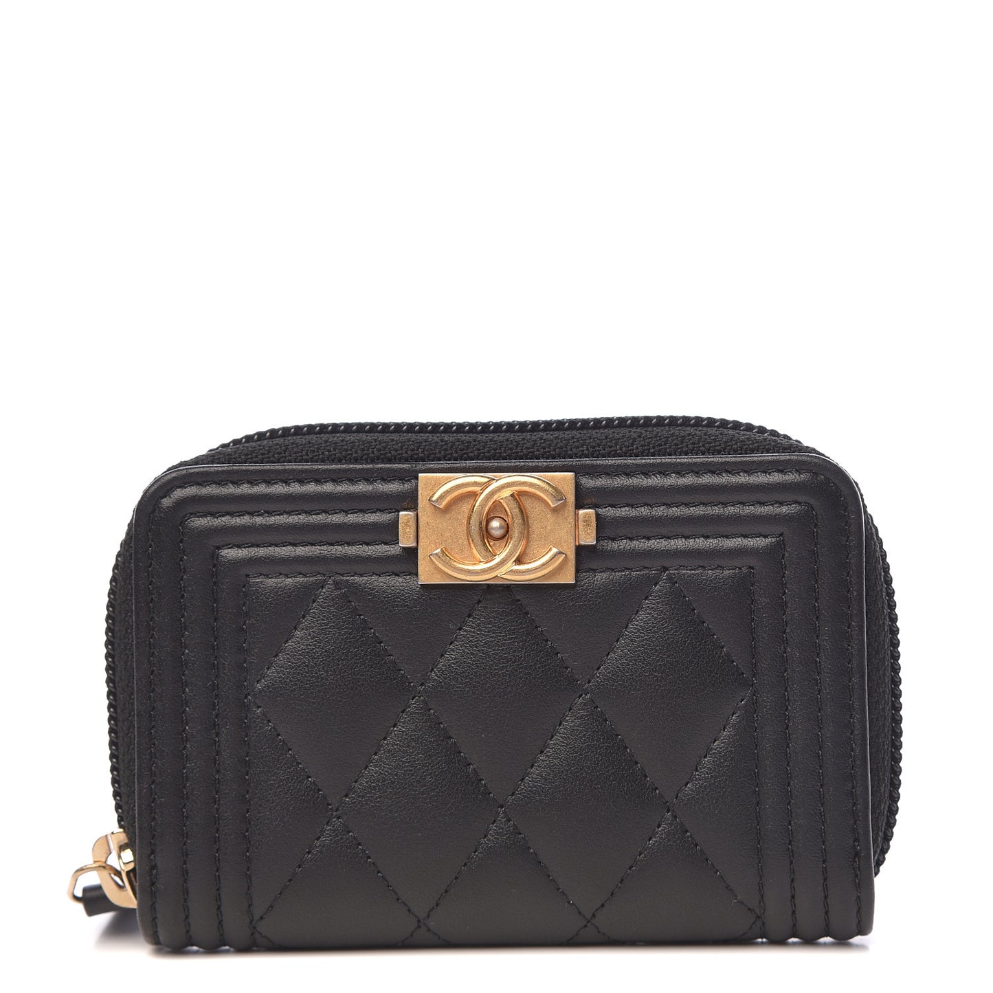 Calfskin Quilted Zip Around Boy Coin Purse Wallet Black