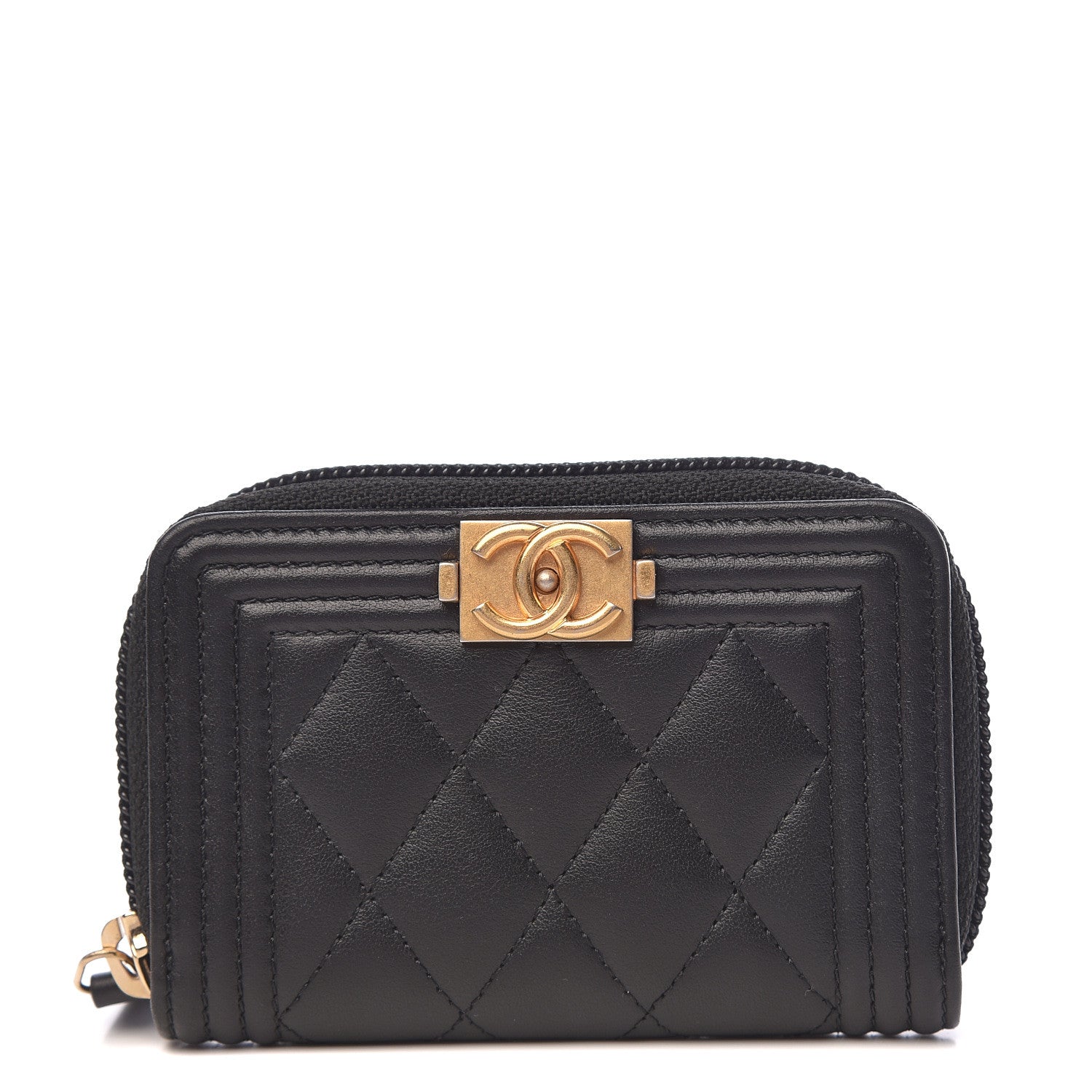Chanel Calfskin Quilted Zip Around Boy Coin Purse Wallet Black 1 of 8