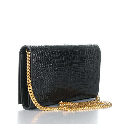 Saint Laurent Calfskin Crocodile Embossed Monogram Chain Wallet Nero Black 3 of 7