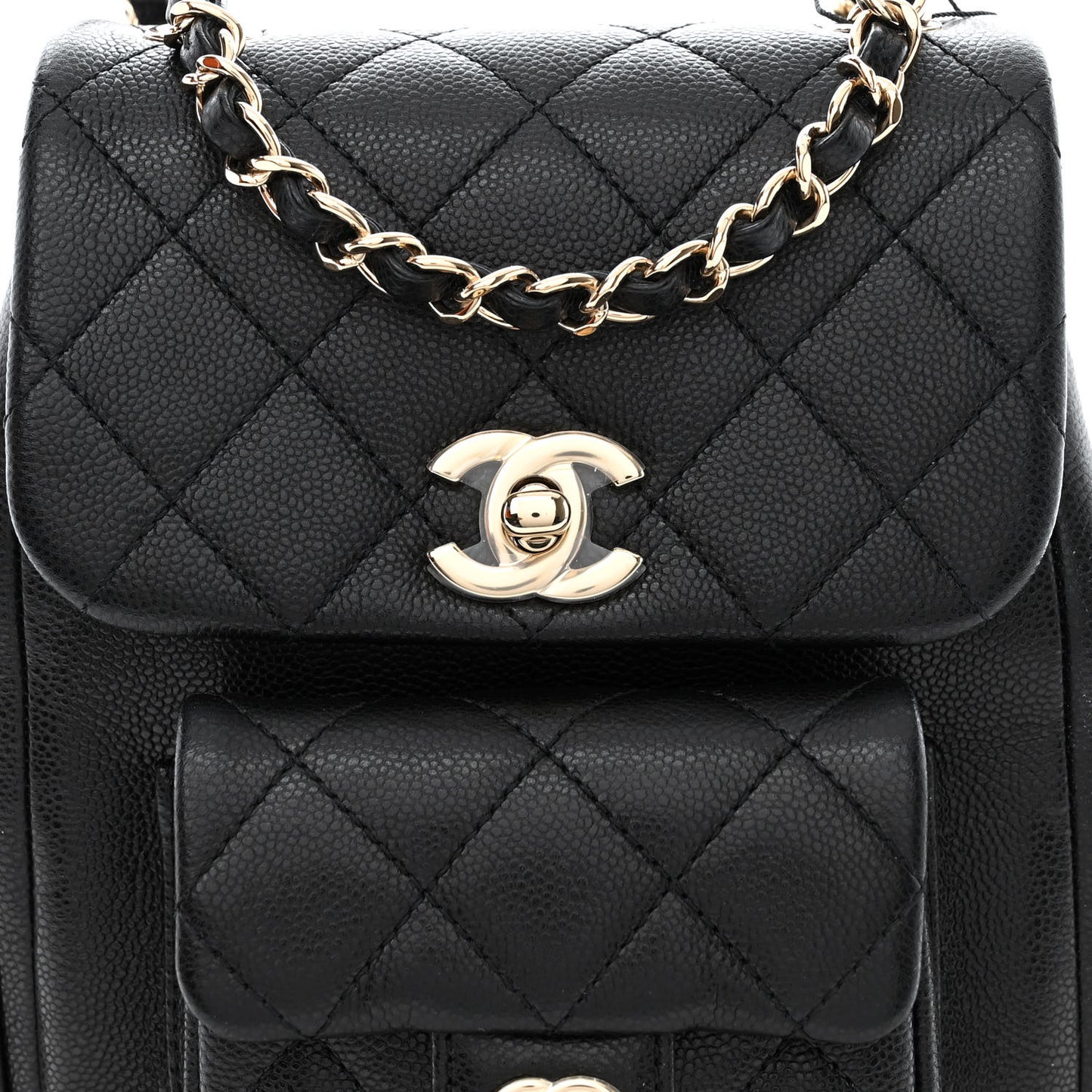 Shiny Caviar Quilted Small Pockets Drawstring Backpack Black