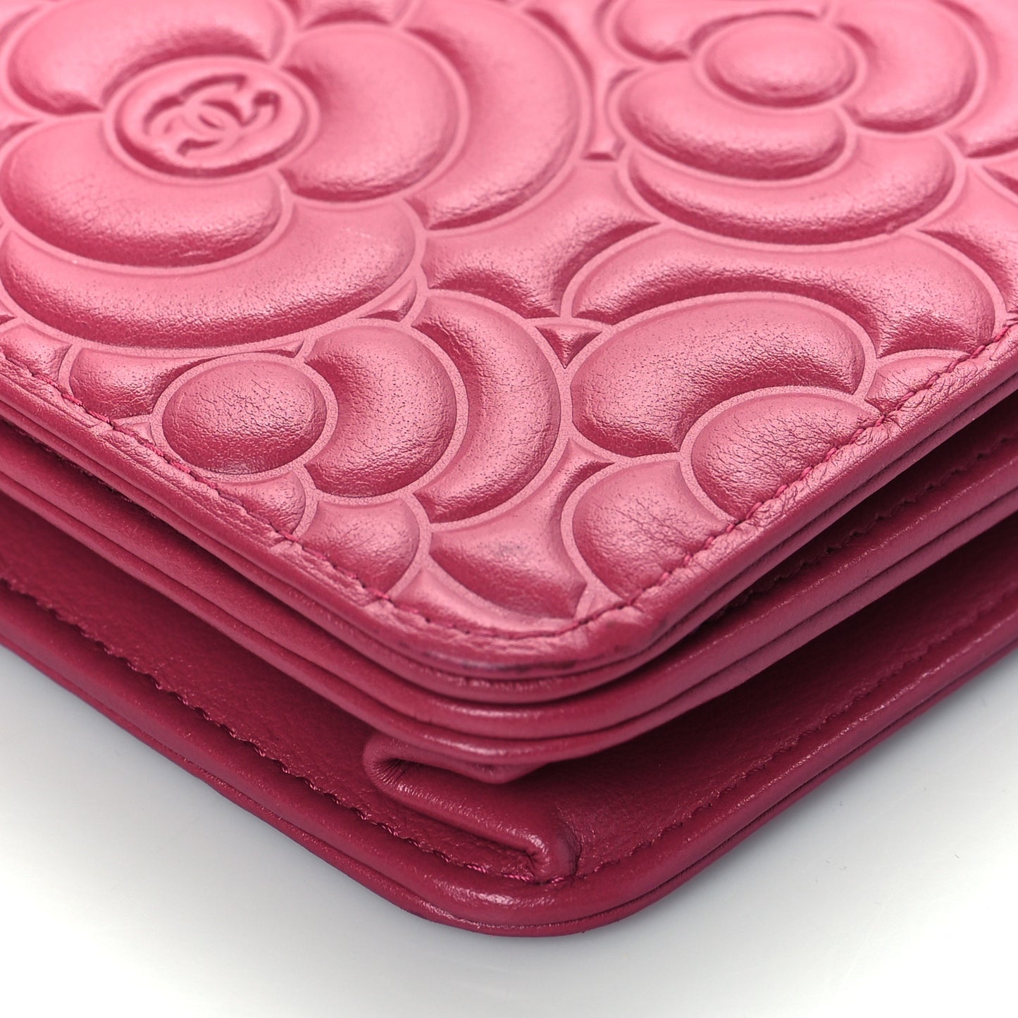 Lambskin Camellia Embossed Wallet On Chain WOC Fuchsia
