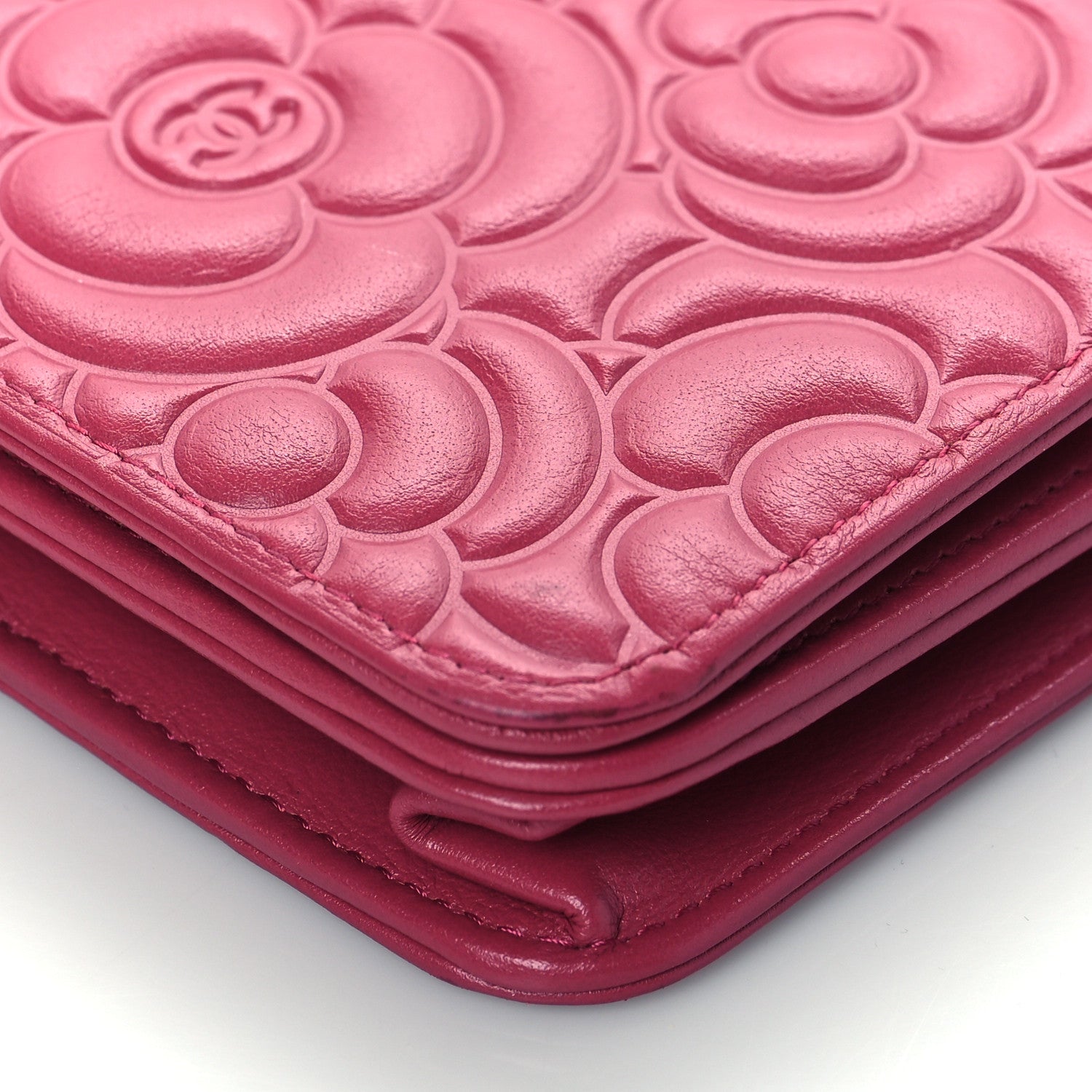 Chanel Lambskin Camellia Embossed Wallet On Chain WOC Fuchsia 9 of 10