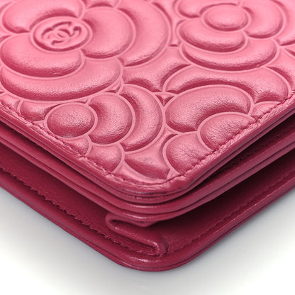 Chanel Lambskin Camellia Embossed Wallet On Chain WOC Fuchsia 9 of 10
