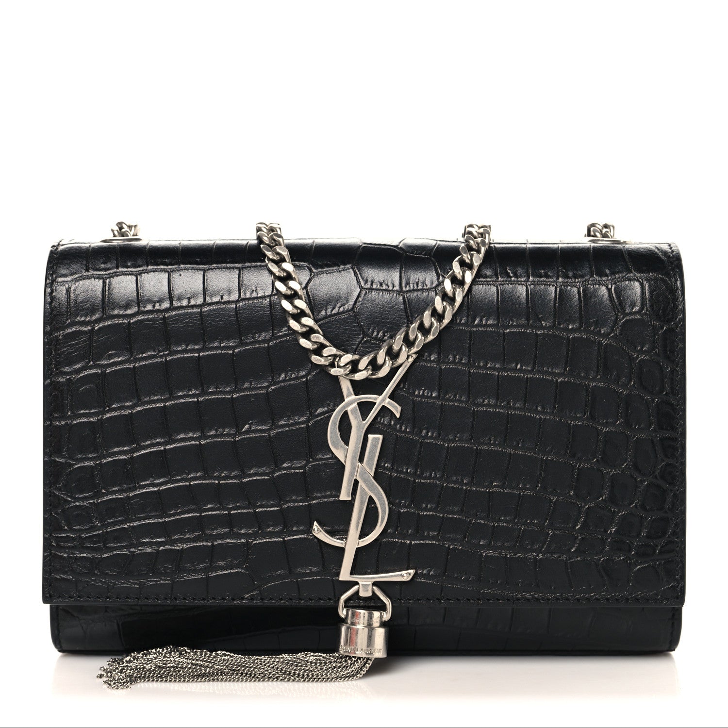 Saint Laurent Calfskin Crocodile Embossed Small Classic Monogram Kate Tassel Satchel Black 1 of 9
