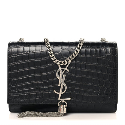 Saint Laurent Calfskin Crocodile Embossed Small Classic Monogram Kate Tassel Satchel Black 1 of 9