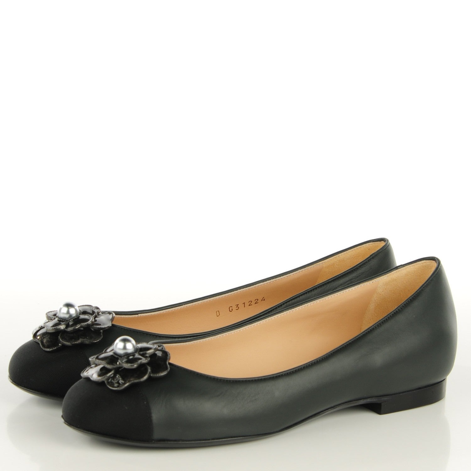 Chanel Calfskin Camellia Bead Ballerina Flats 36.5 Grey Black 3 of 8