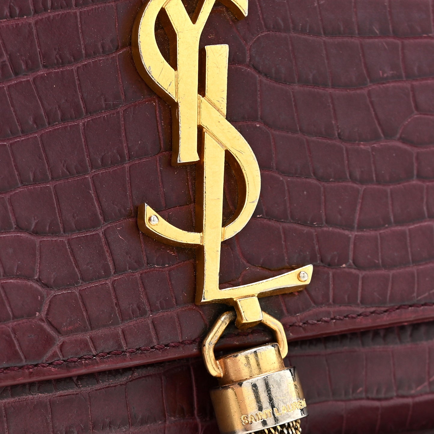 Calfskin Crocodile Embossed Medium Classic Monogram Kate Tassel Satchel Dark Red