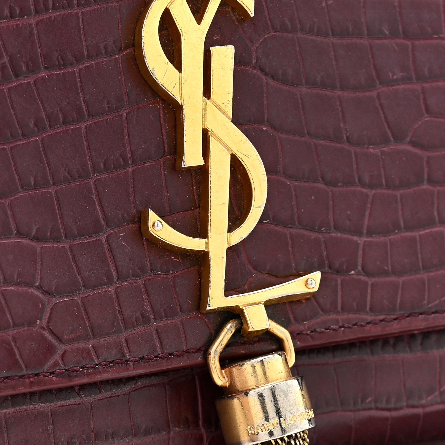 Saint Laurent Calfskin Crocodile Embossed Medium Classic Monogram Kate Tassel Satchel Dark Red 14 of 15