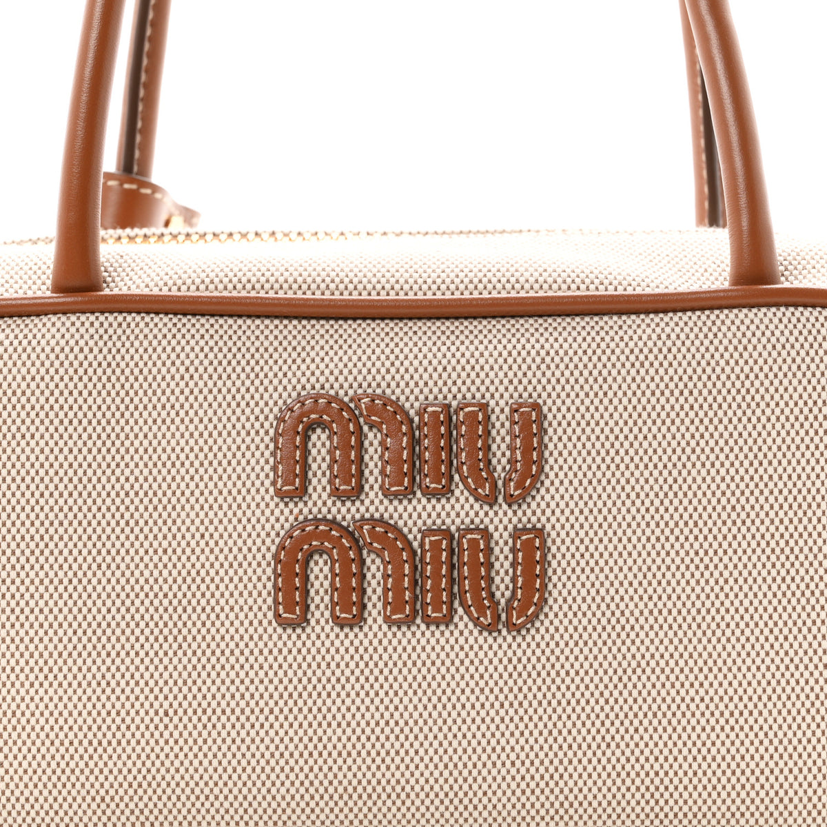 Miu Miu Canvas Calfskin Small Beau Top Handle Bag Naturale Brandy 7 of 9