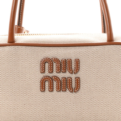 Miu Miu Canvas Calfskin Small Beau Top Handle Bag Naturale Brandy 7 of 9