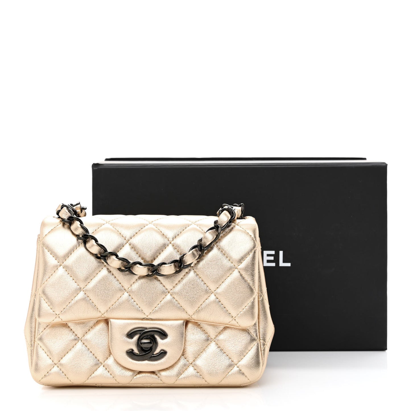 Metallic Lambskin Quilted Mini Square Flap Gold Black