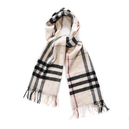 Burberry Cashmere Giant Check Fringe Scarf Ivory 1 of 5
