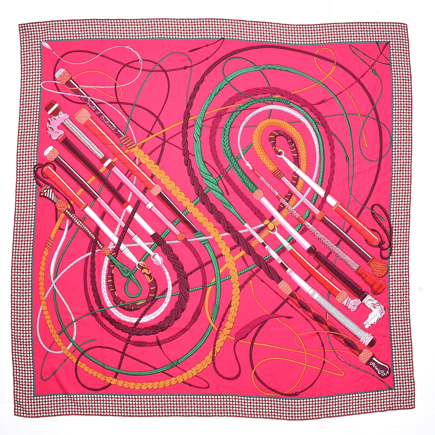 Hermes Cashmere Silk Fouets et Badines Shawl 140 Rose Indien Vert Bordeaux 3 of 7