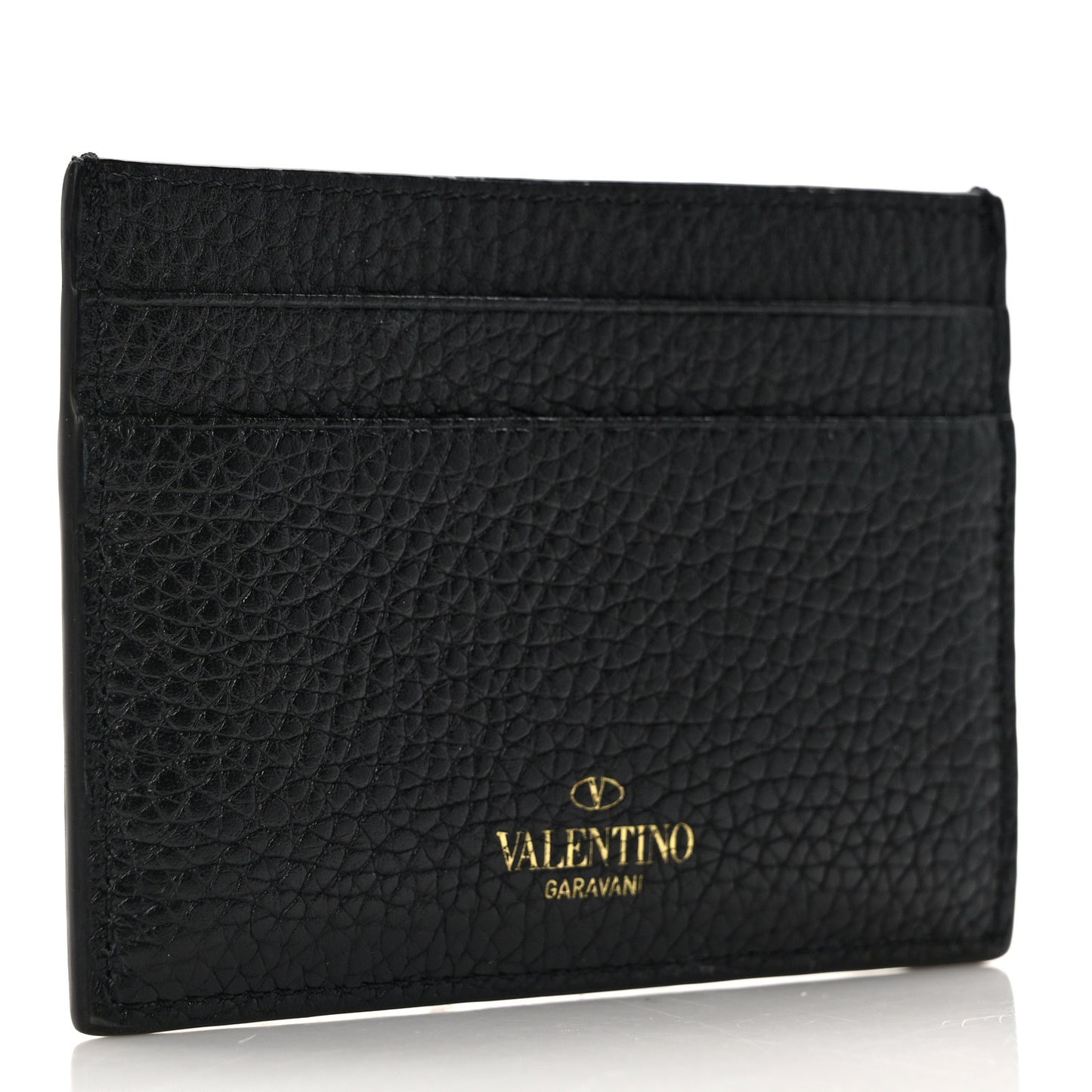 Pebbled Calfskin Rockstud Card Holder Black