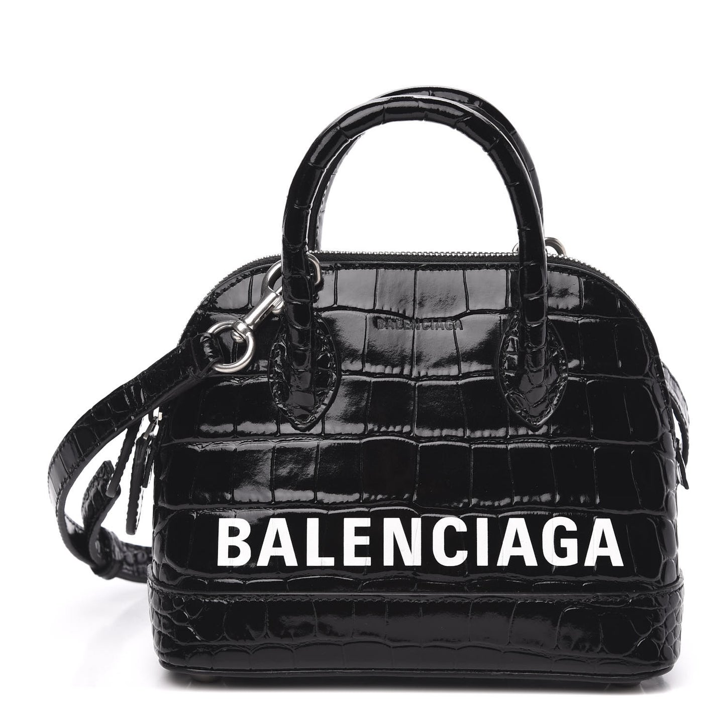 Shiny Calfskin Logo Crocodile Embossed XXS Ville Top Handle Bag Black White