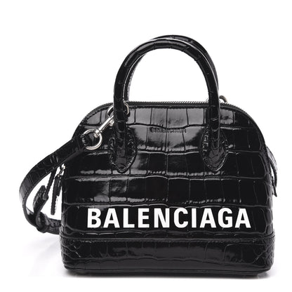 Balenciaga Shiny Calfskin Logo Crocodile Embossed XXS Ville Top Handle Bag Black White 1 of 9