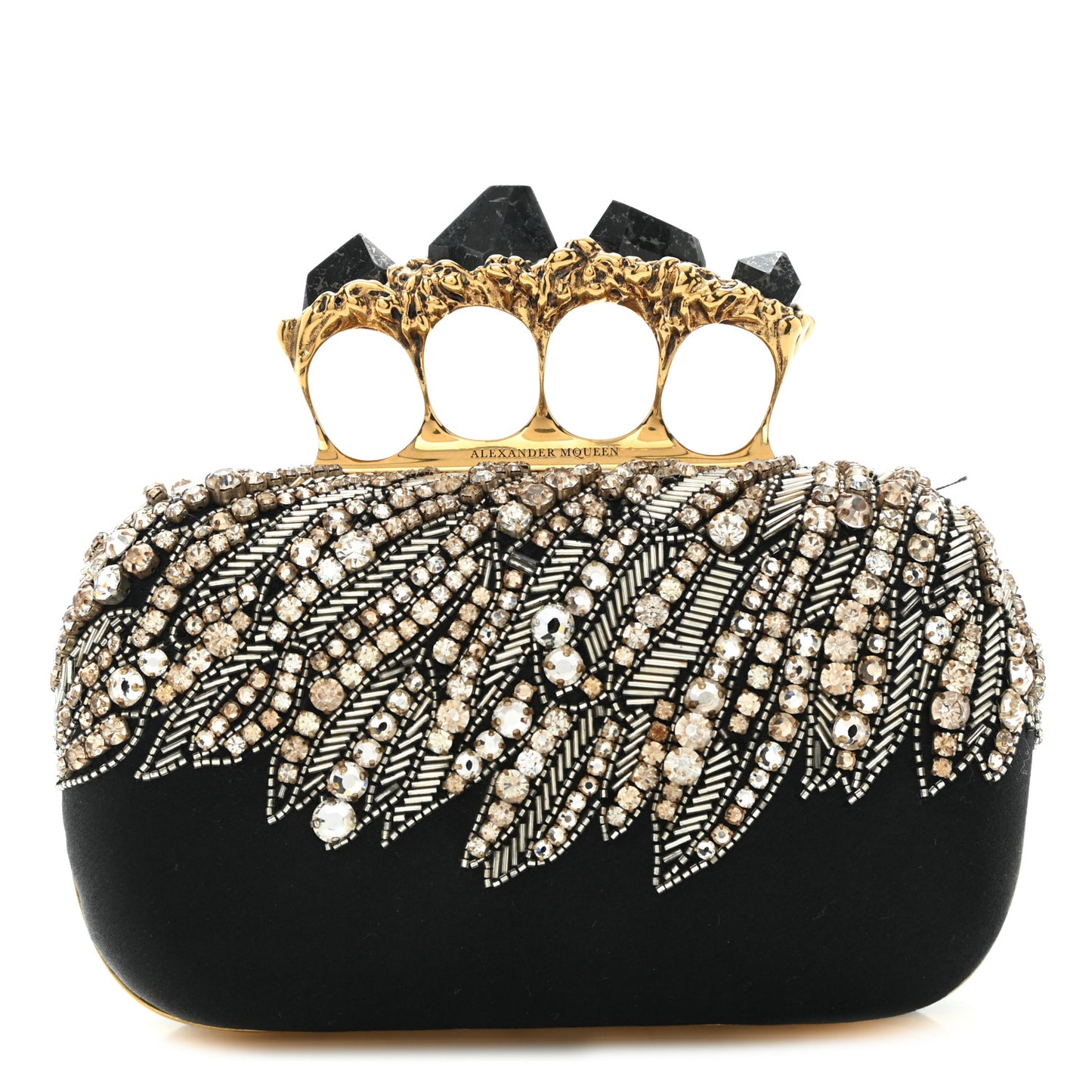 Satin Stone Eagle Embroidered Knuckle Box Clutch Black