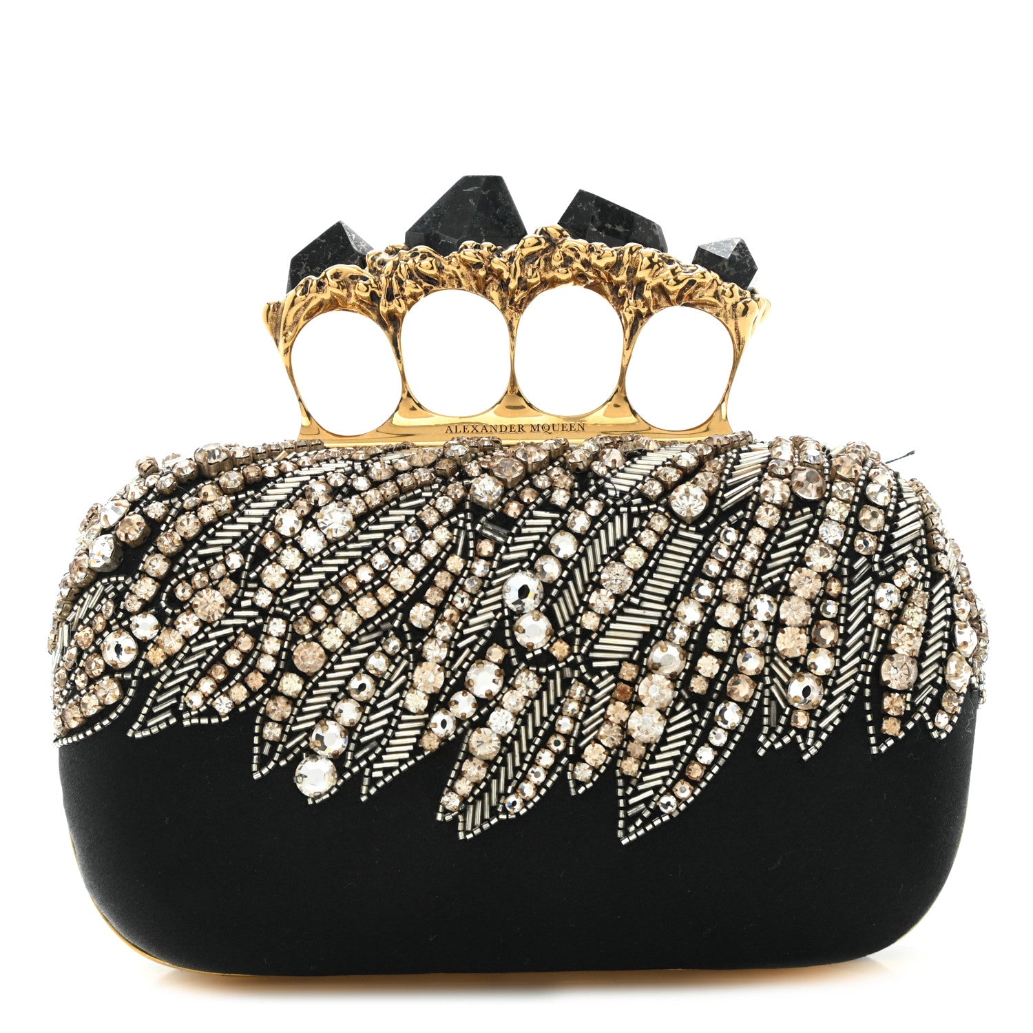 Alexander McQueen Satin Stone Eagle Embroidered Knuckle Box Clutch Black 1 of 11