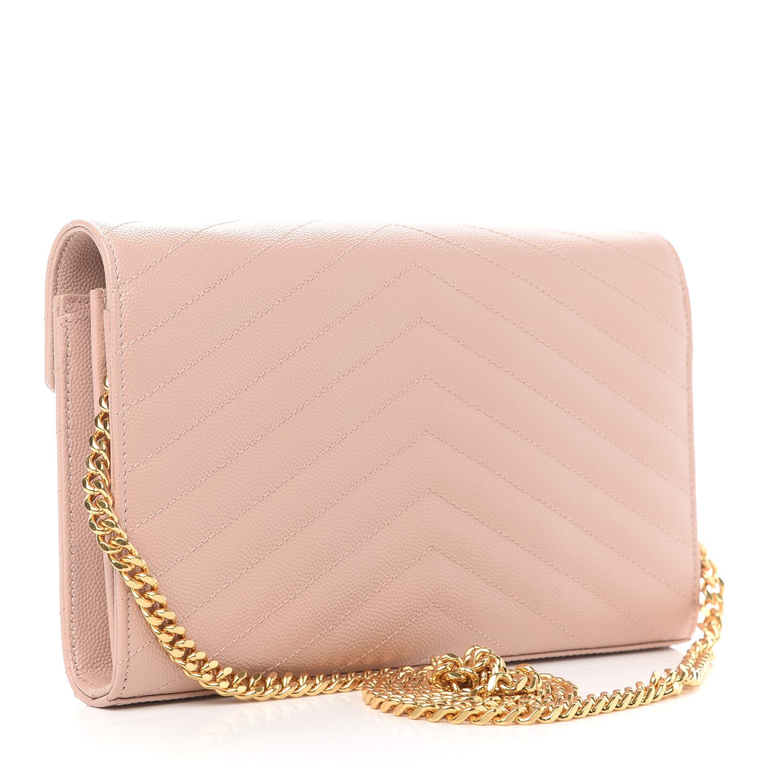 Saint Laurent Grain De Poudre Matelasse Chevron Monogram Chain Wallet Pale Pink 3 of 9