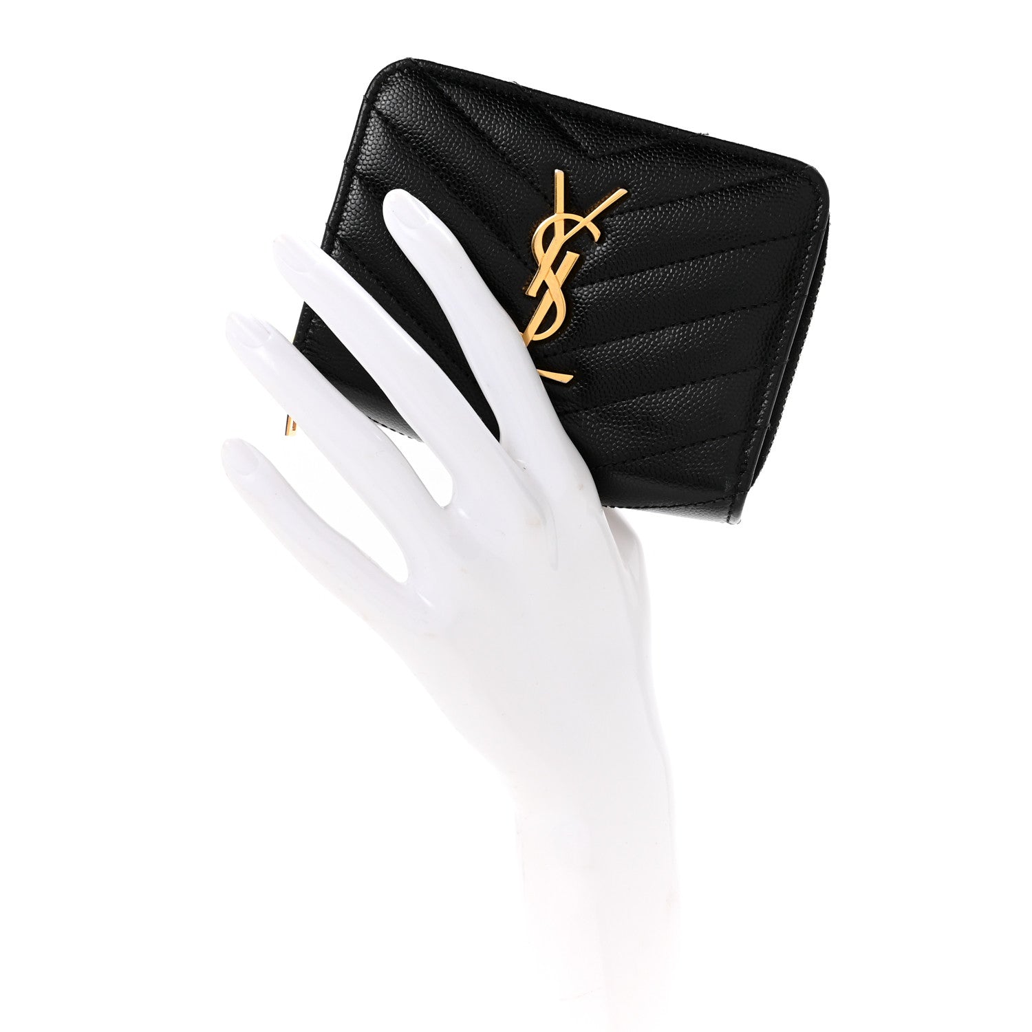 Saint Laurent Grain De Poudre Matelasse Chevron Monogram Compact Zip Around Wallet Black 2 of 9