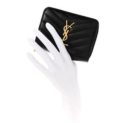 Saint Laurent Grain De Poudre Matelasse Chevron Monogram Compact Zip Around Wallet Black 2 of 9