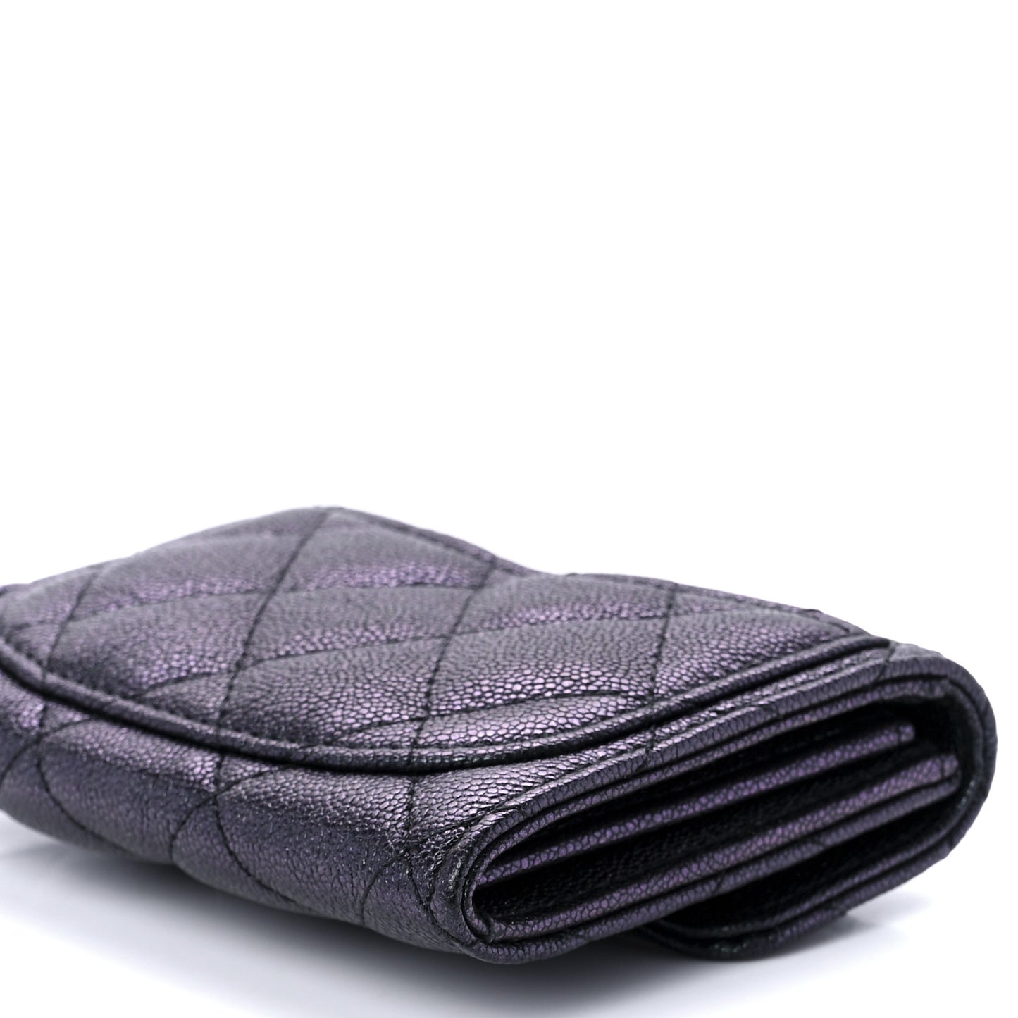 Iridescent Caviar Quilted Flap Card Holder Wallet Black