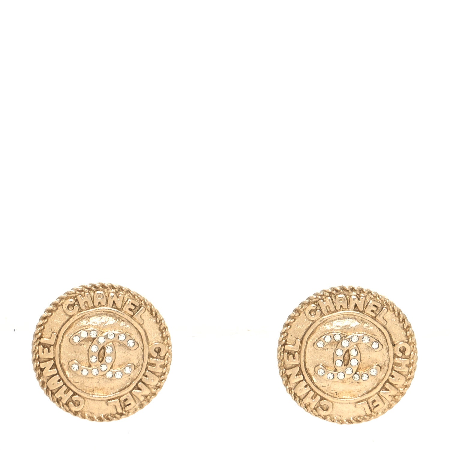 Chanel Metal Crystal CC Medallion Round Earrings Gold 1 of 4