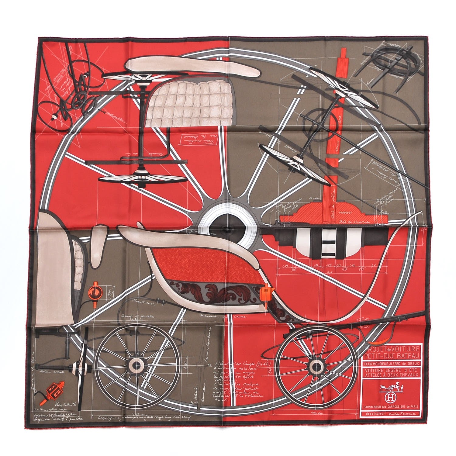 Hermes Silk Printed Petit Duc Scarf 90 Rouge Bronze Beige 1 of 5