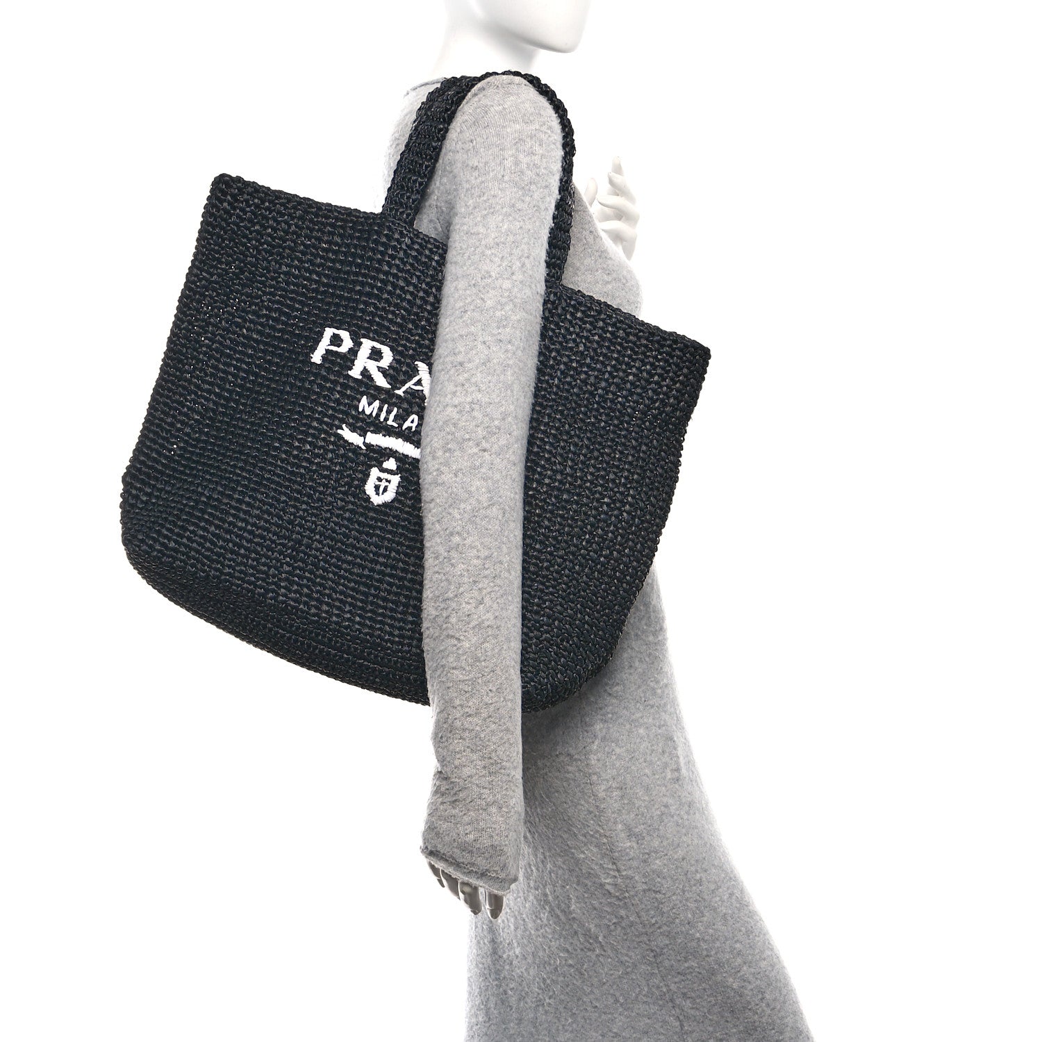 Prada Yarn Raffia Effect Crochet Large Logo Tote Black 3 of 11
