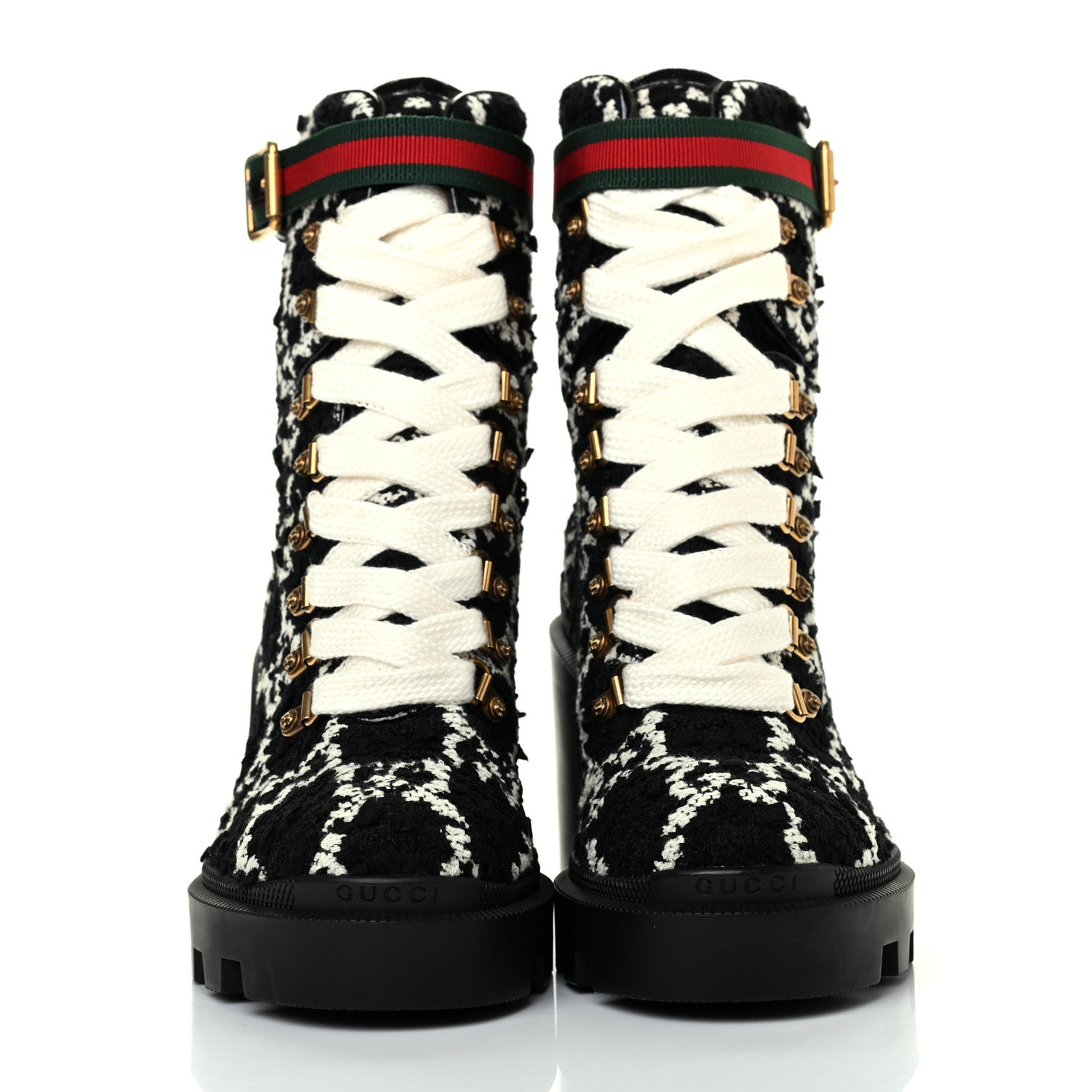Gucci Tweed GG Monogram Lace Up Combat Ankle Boots 37.5 Black 2 of 9