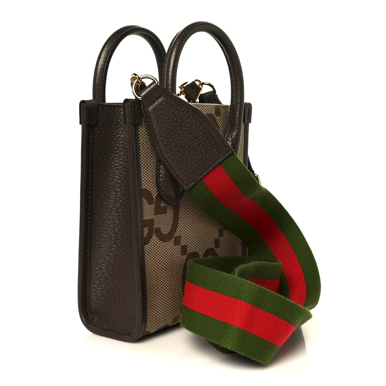 Gucci Monogram Jumbo GG Textured Dollar Calfskin Web Mini Vertical Tote Camel Ebony New Acero 3 of 10