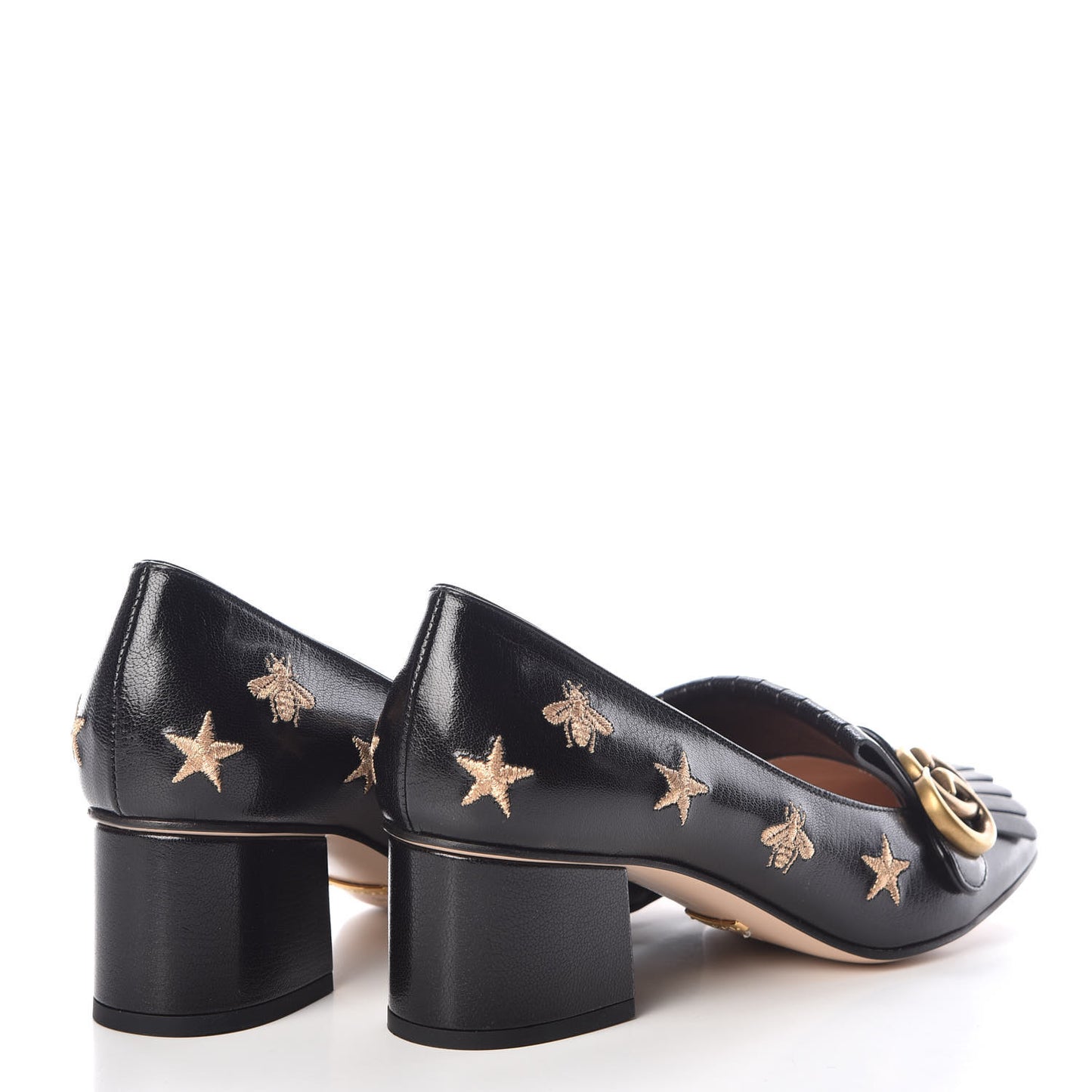 Quentin Goatskin Bee Star Embroidered GG Marmont Fringe 50mm Loafer Pumps 39 Black