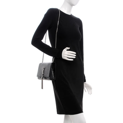 Saint Laurent Calfskin Crocodile Embossed Medium Classic Monogram Kate Tassel Satchel Black 2 of 6