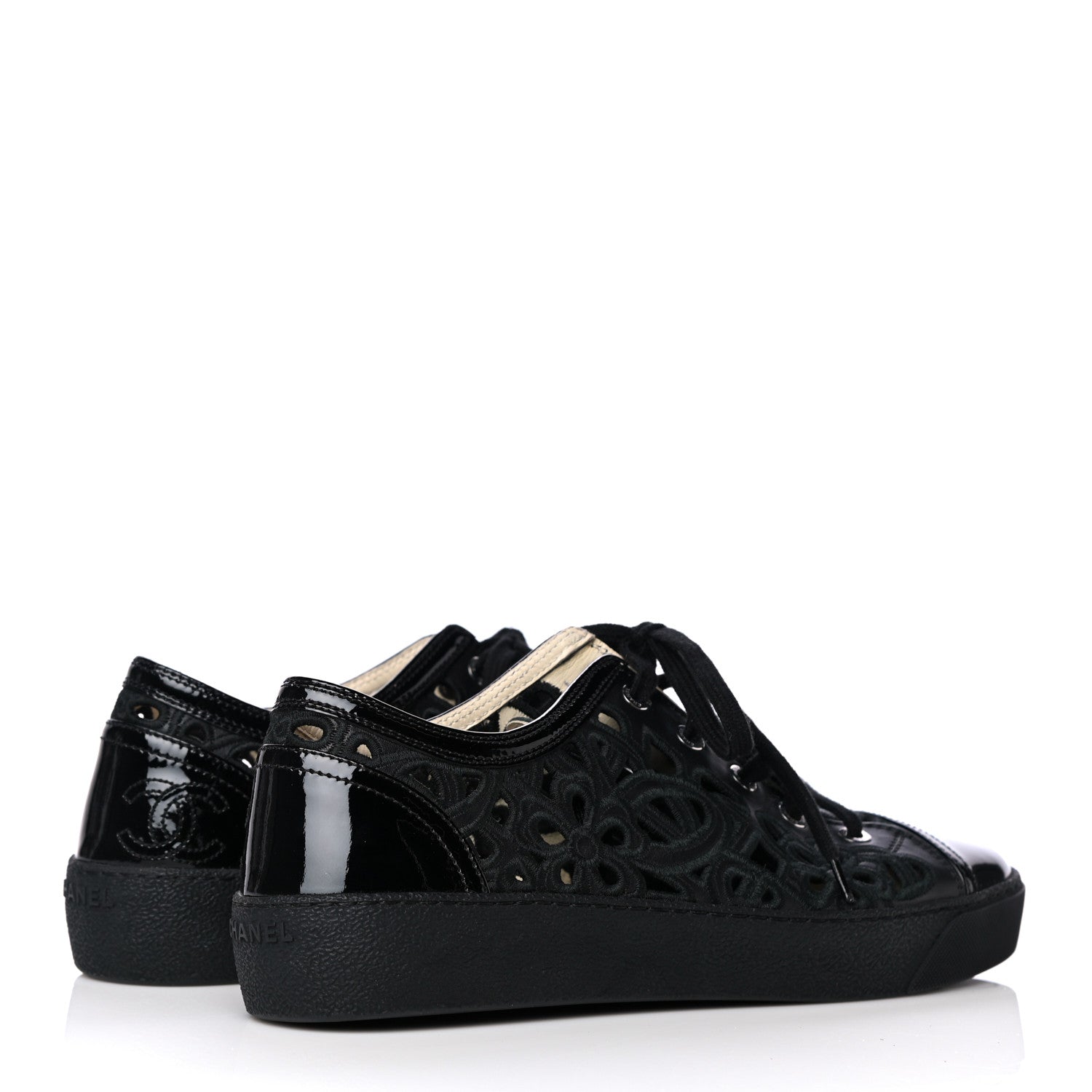 Chanel Patent Grained Goatskin Hollow Out Flower Sneakers 38.5 Black 4 of 10