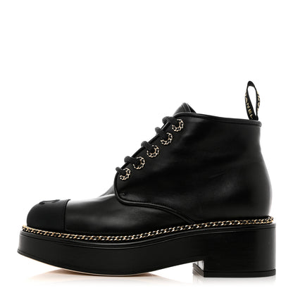 Chanel Calfskin Grosgrain Chain Lace Up CC Short Boots 38 Black 1 of 11