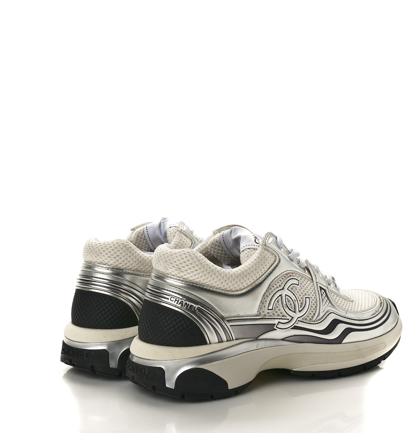 Chanel Fabric Laminated Calfskin Stretch CC Sneakers 38 White Gold Silver 4 of 6