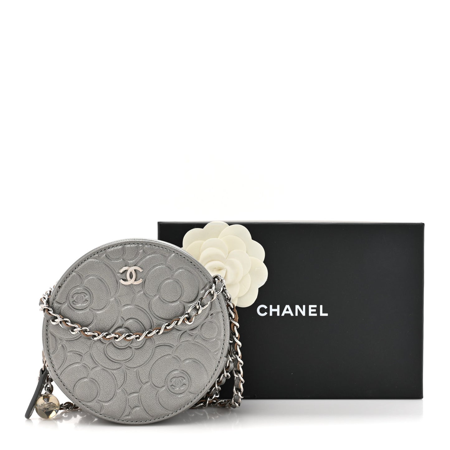 Goatskin Camellia Quilted Round Clutch With Chain Grey