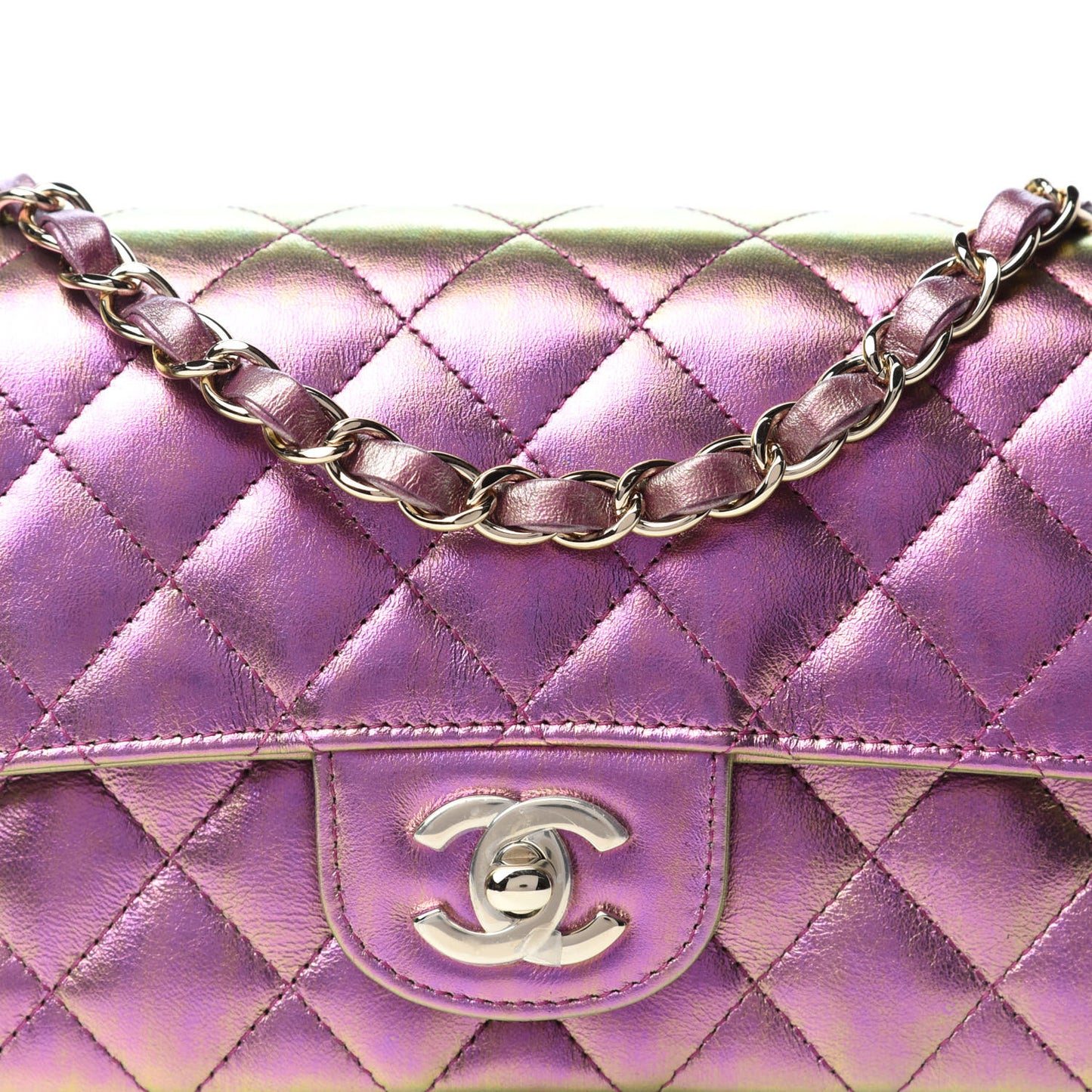 Iridescent Lambskin Quilted Mini Rectangular Flap Purple