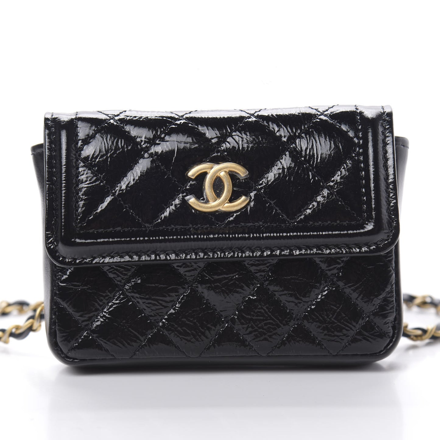 Shiny Aged Calfskin Quilted Waist Belt Bag Black
