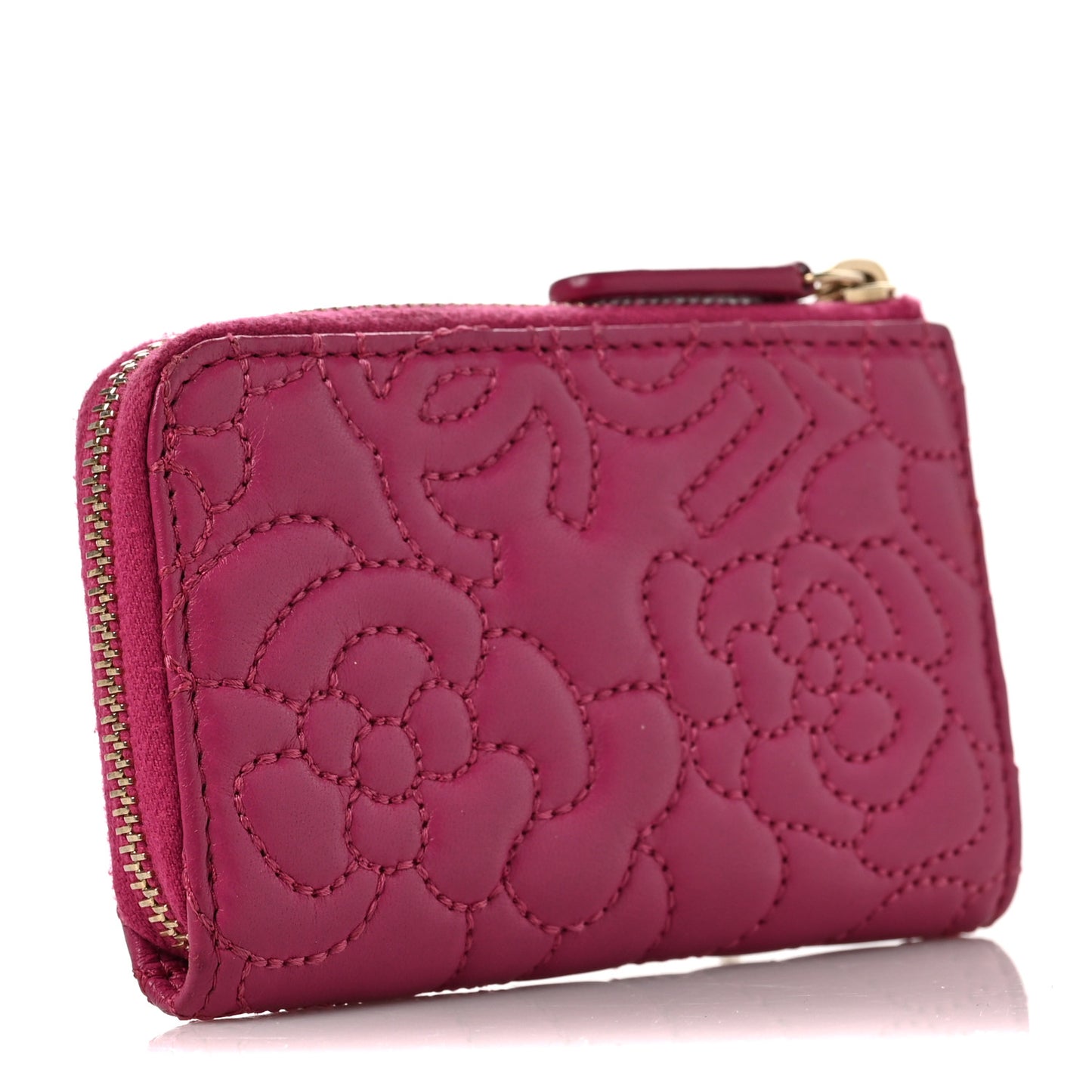 Lambskin Camellia Embossed Key Holder Case Fuchsia