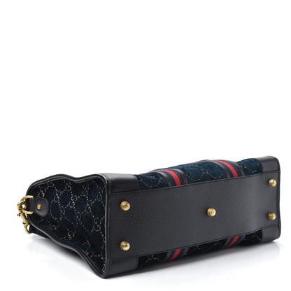 Gucci Velvet GG Monogram Textured Calfskin Web Medium Duffle Bag Blue Beige Black 4 of 9