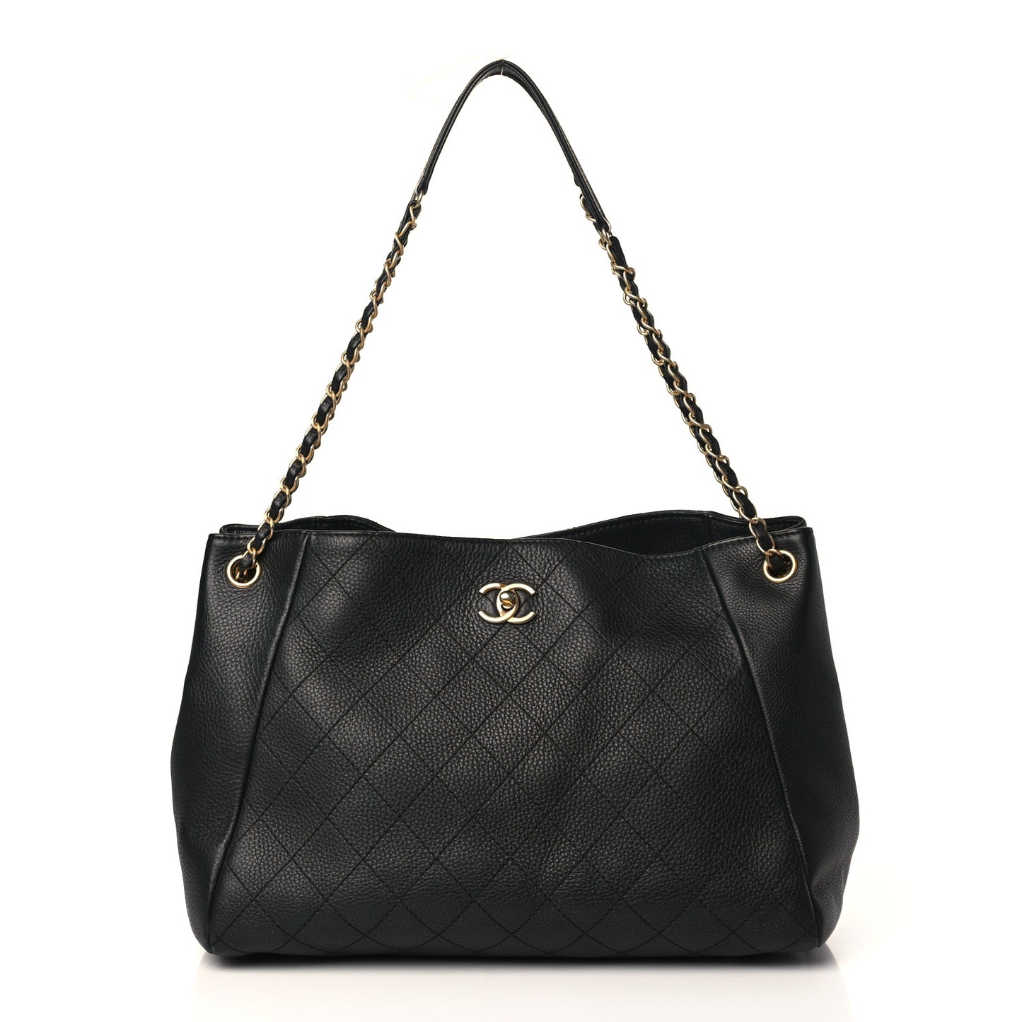Grained Calfskin Stitched Large Supple Rock Shopping Tote Black